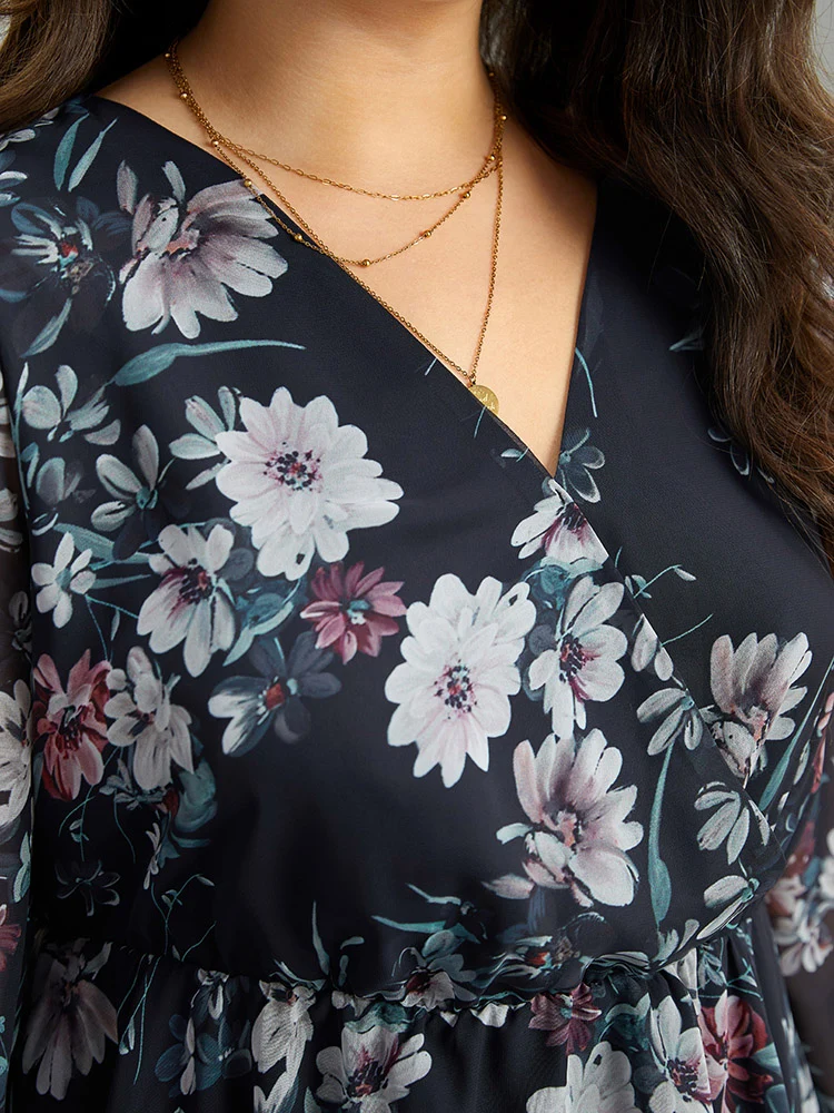 Floral Print Elastic Waist Mesh Wrap Gathered Blouse