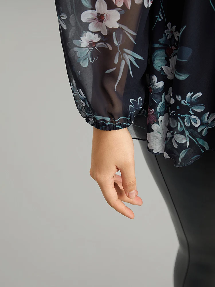 Floral Print Elastic Waist Mesh Wrap Gathered Blouse