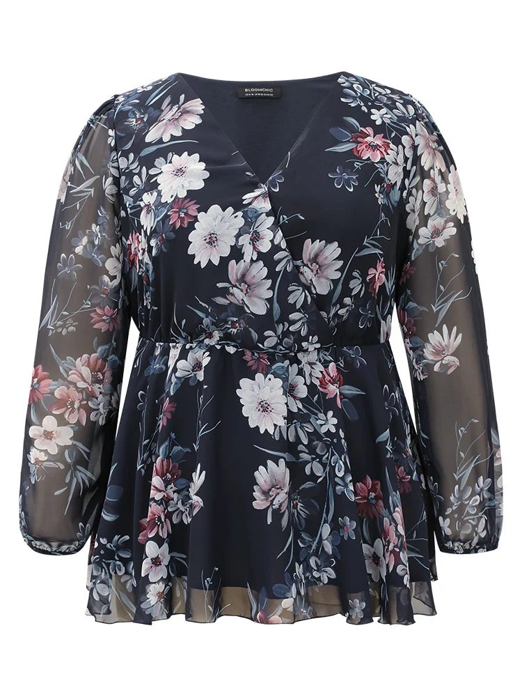 Floral Print Elastic Waist Mesh Wrap Gathered Blouse