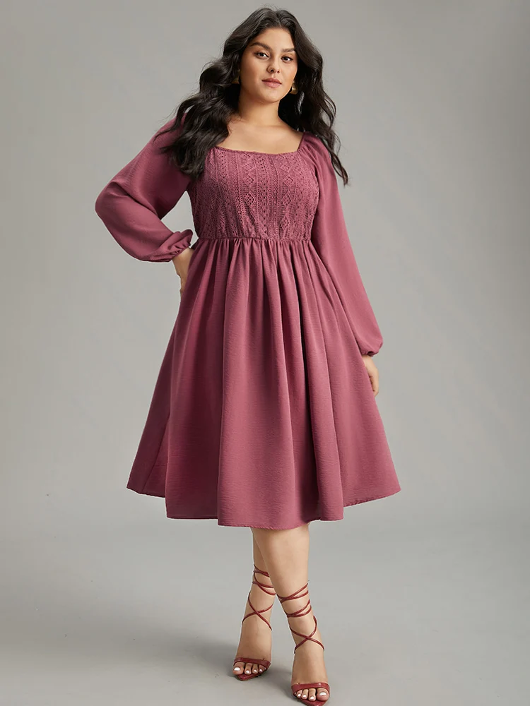 Crochet Lace Square Neck Elastic Cuffs Dress