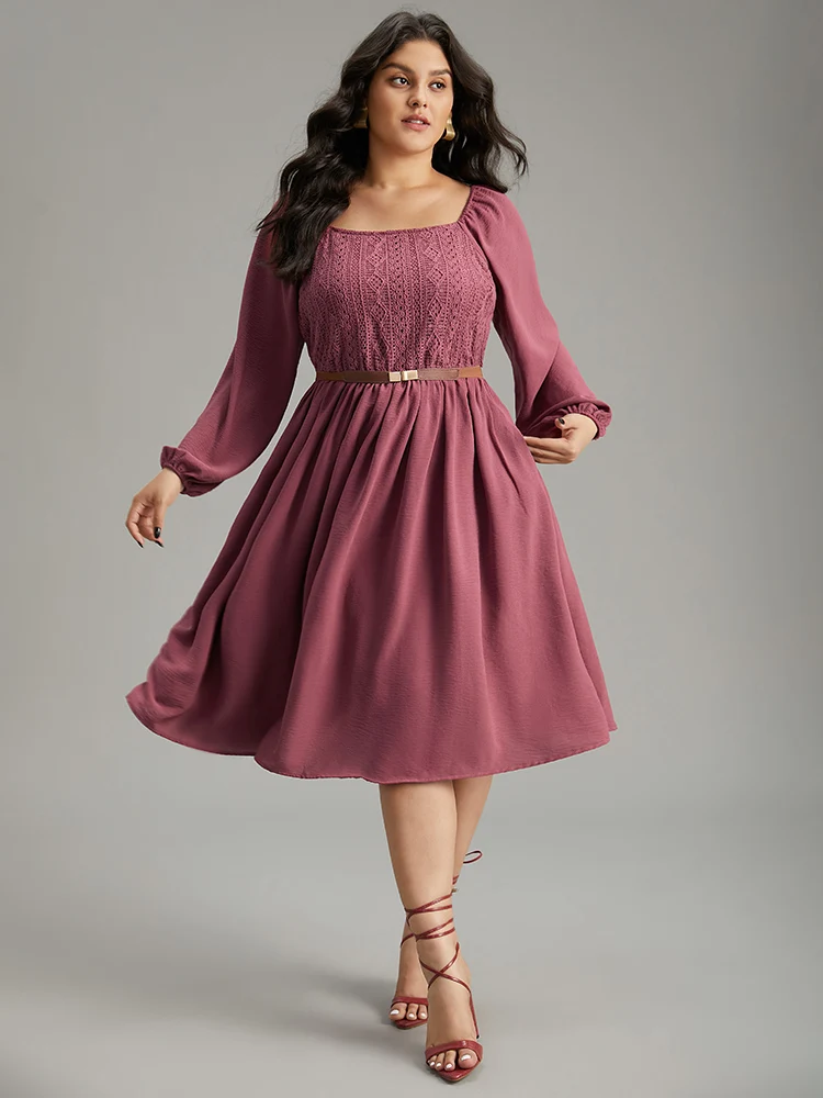 Crochet Lace Square Neck Elastic Cuffs Dress