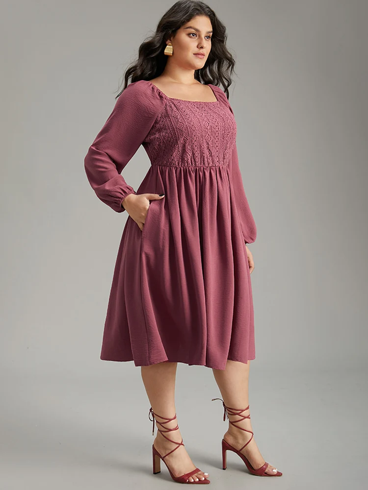 Crochet Lace Square Neck Elastic Cuffs Dress