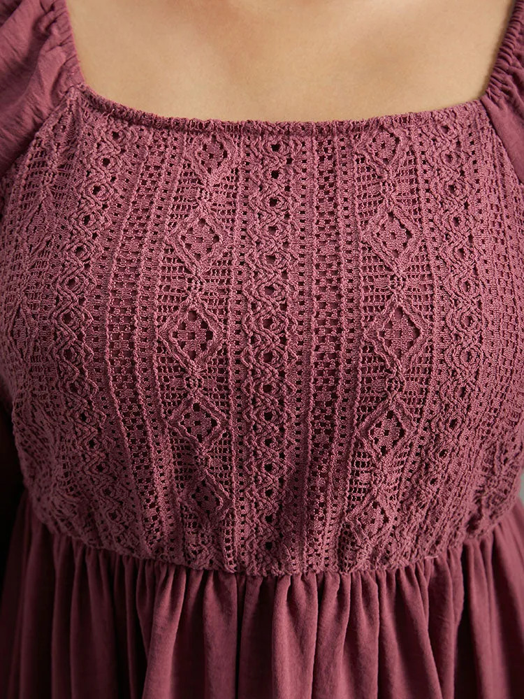 Crochet Lace Square Neck Elastic Cuffs Dress