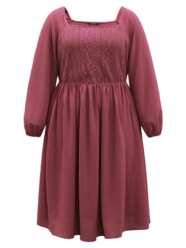 Crochet Lace Square Neck Elastic Cuffs Dress