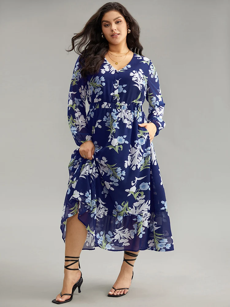 Floral Print Pocket Elastic Waist Gathered Dress