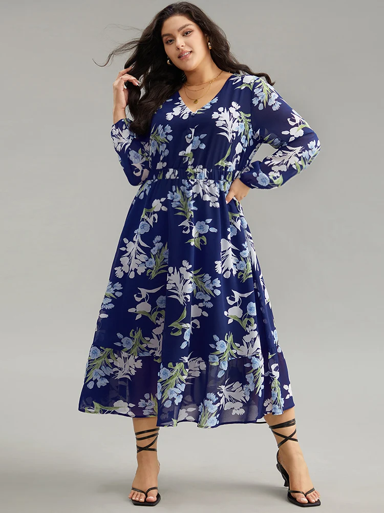 Floral Print Pocket Elastic Waist Gathered Dress