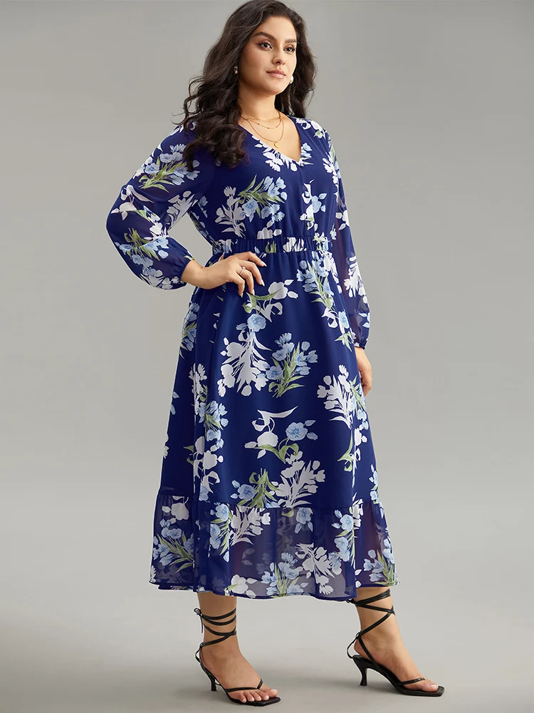 Floral Print Pocket Elastic Waist Gathered Dress