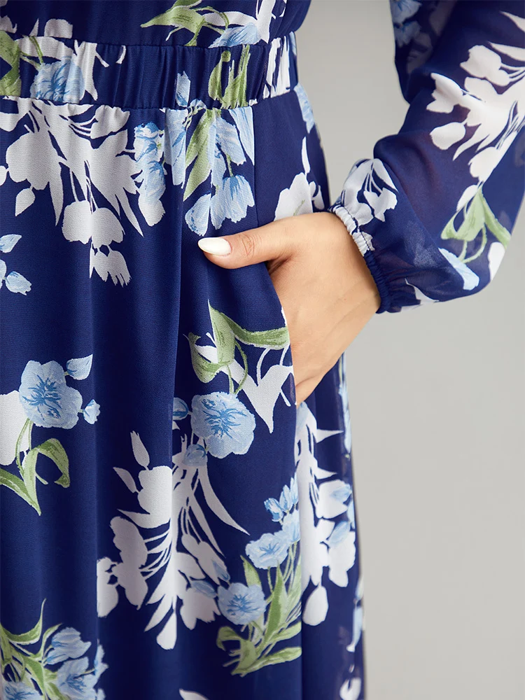 Floral Print Pocket Elastic Waist Gathered Dress