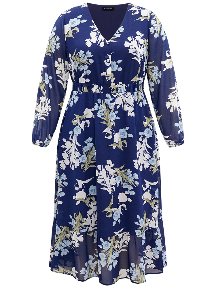 Floral Print Pocket Elastic Waist Gathered Dress