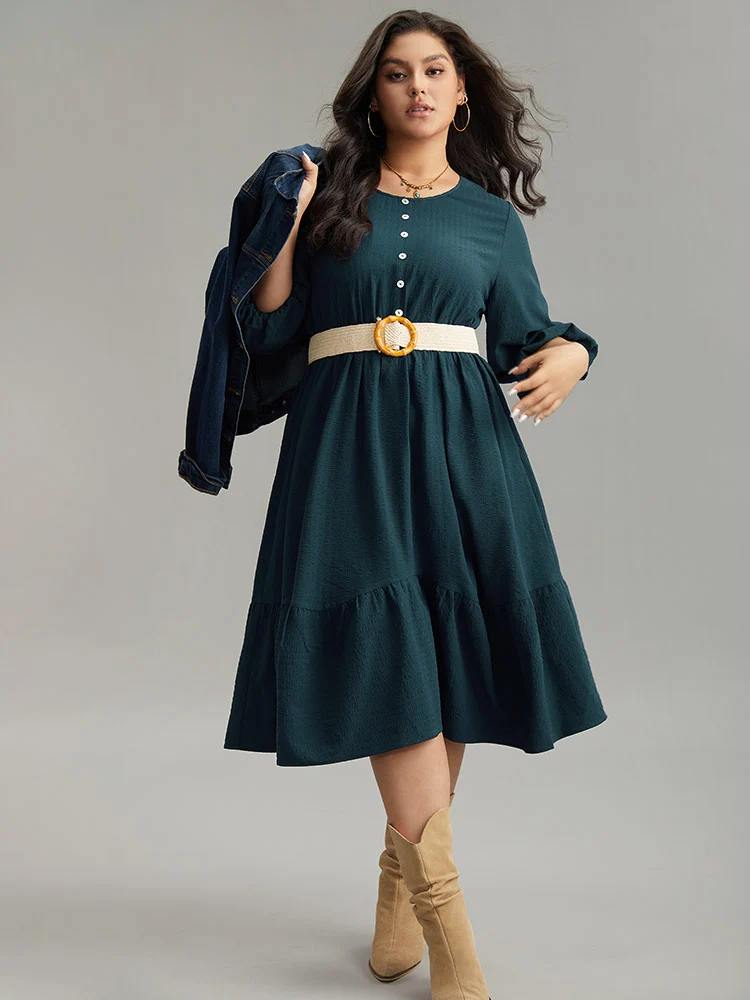 Plain Textured Button Detail Pocket Dress