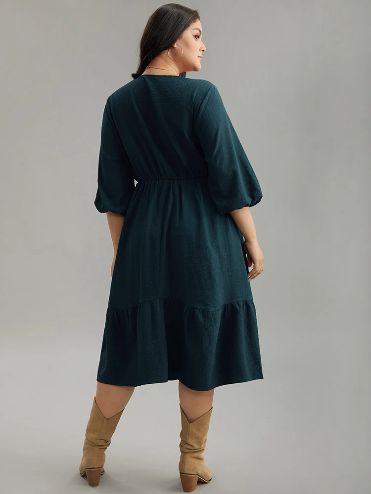 Plain Textured Button Detail Pocket Dress