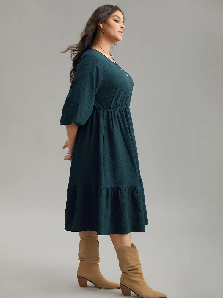 Plain Textured Button Detail Pocket Dress