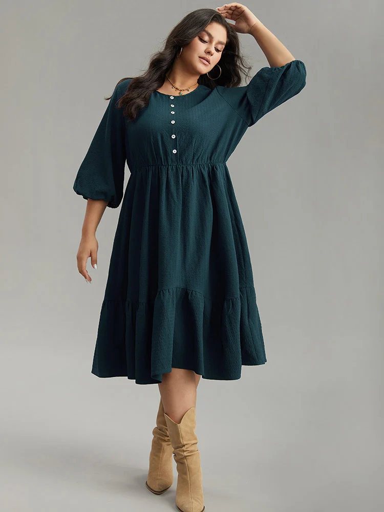 Plain Textured Button Detail Pocket Dress