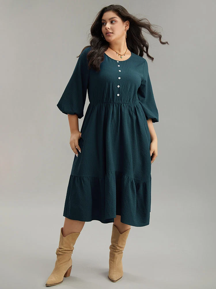Plain Textured Button Detail Pocket Dress