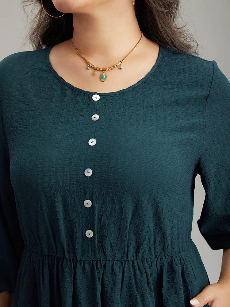 Plain Textured Button Detail Pocket Dress