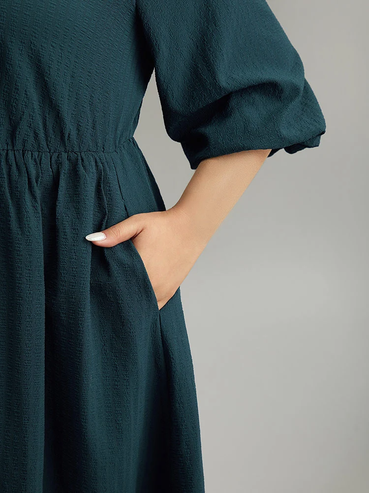 Plain Textured Button Detail Pocket Dress