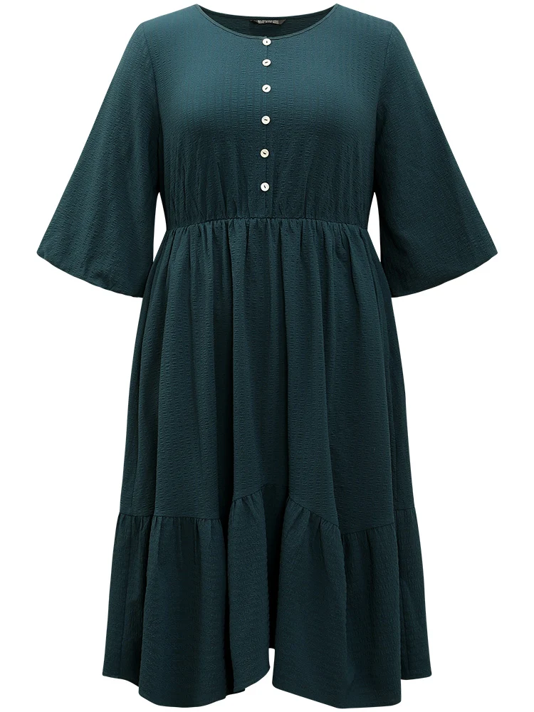 Plain Textured Button Detail Pocket Dress