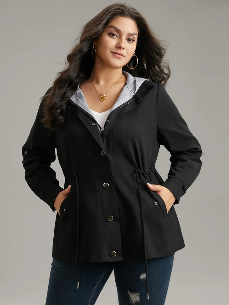 Contrast Hooded Drawstring Zipper Button Up Jacket