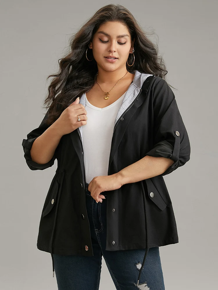 Contrast Hooded Drawstring Zipper Button Up Jacket
