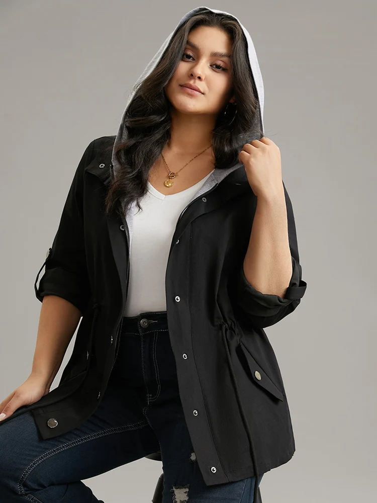 Contrast Hooded Drawstring Zipper Button Up Jacket