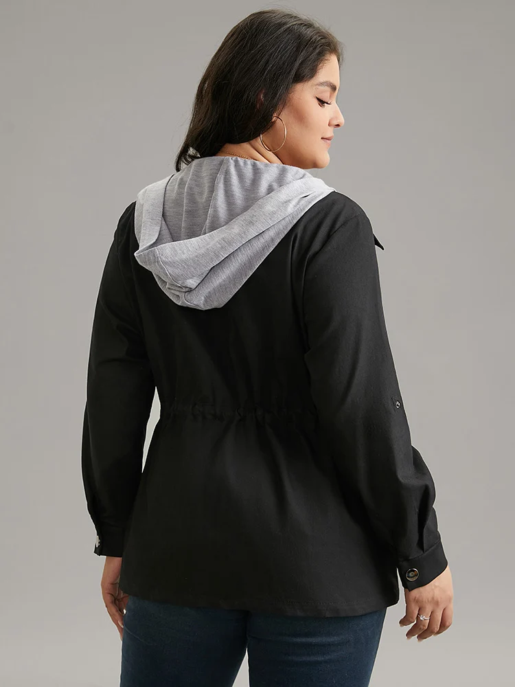 Contrast Hooded Drawstring Zipper Button Up Jacket