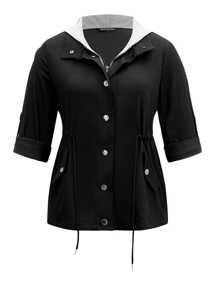 Contrast Hooded Drawstring Zipper Button Up Jacket
