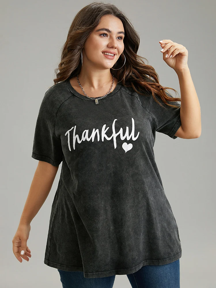 Vintage Letter Print Round Neck Raglan Sleeve T-shirt