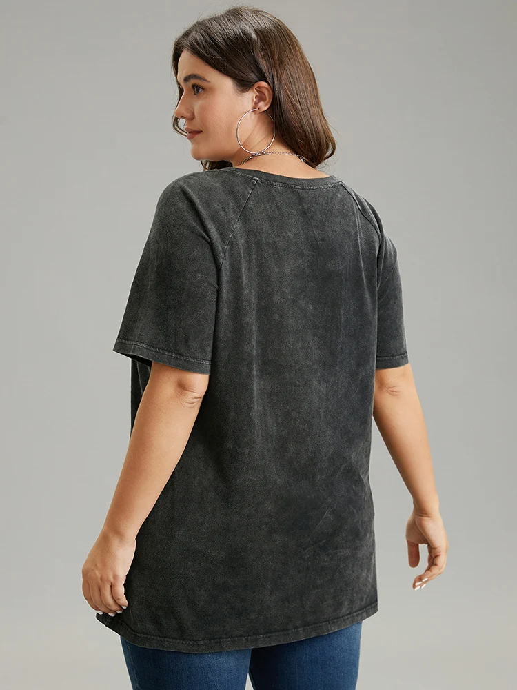 Vintage Letter Print Round Neck Raglan Sleeve T-shirt