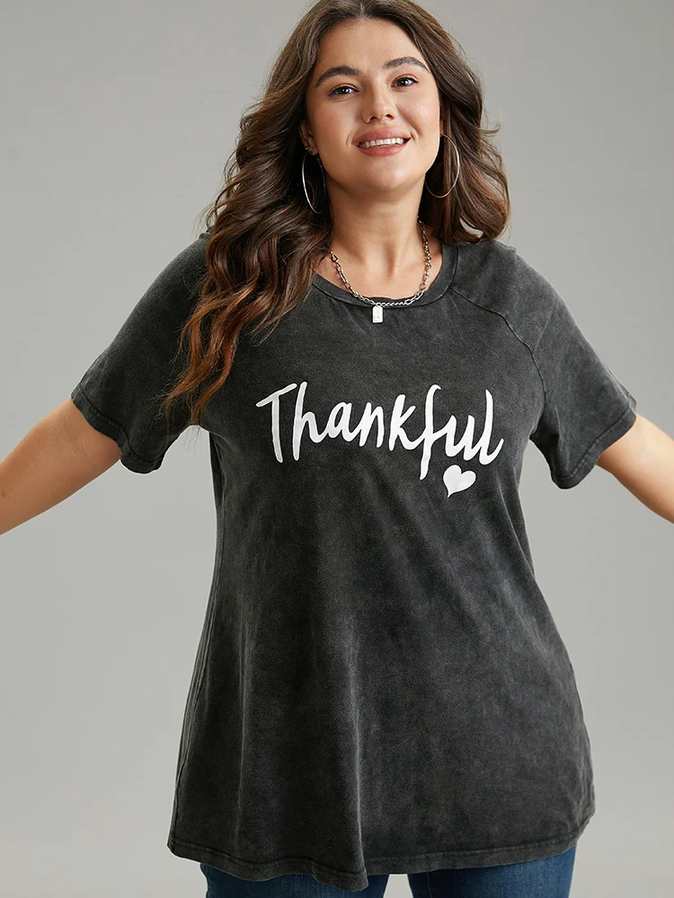 Vintage Letter Print Round Neck Raglan Sleeve T-shirt