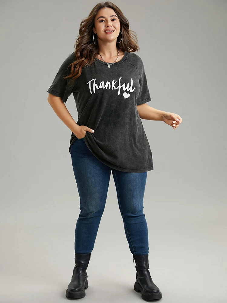 Vintage Letter Print Round Neck Raglan Sleeve T-shirt