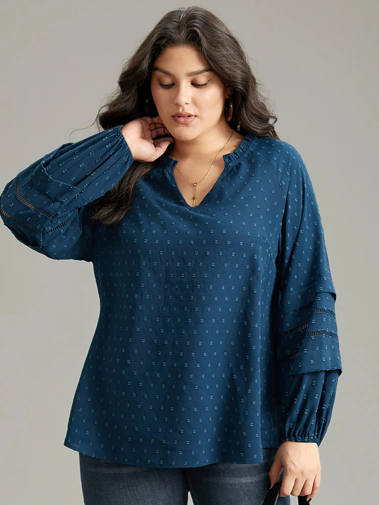 Plain Textured Cut Out Frill Trim Lantern Sleeve Blouse