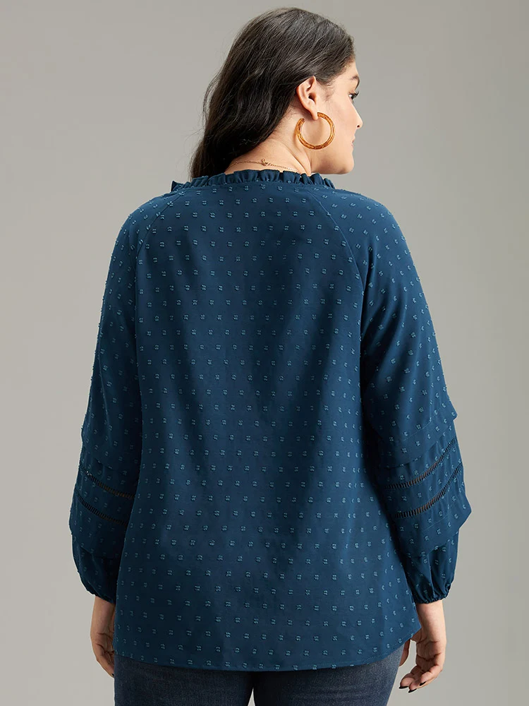 Plain Textured Cut Out Frill Trim Lantern Sleeve Blouse