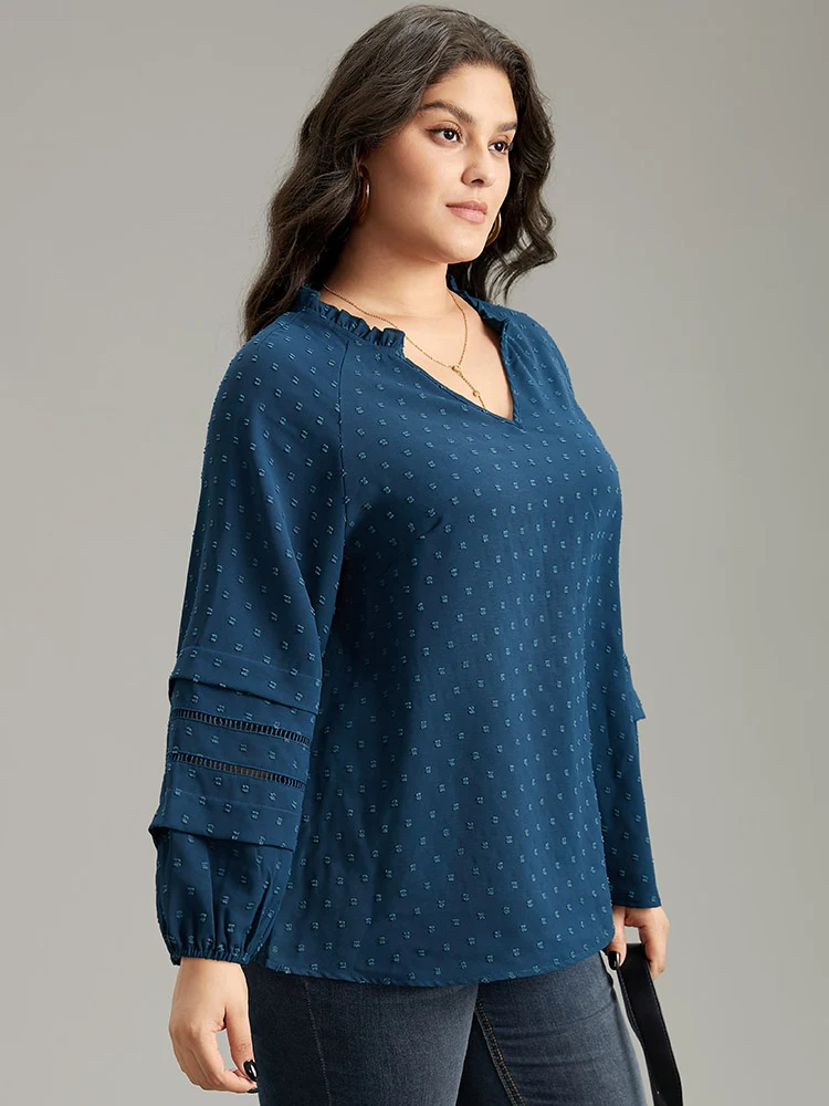 Plain Textured Cut Out Frill Trim Lantern Sleeve Blouse