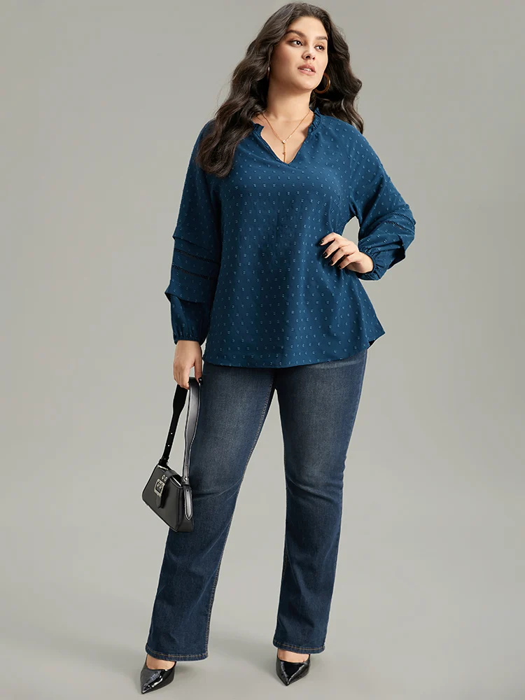 Plain Textured Cut Out Frill Trim Lantern Sleeve Blouse