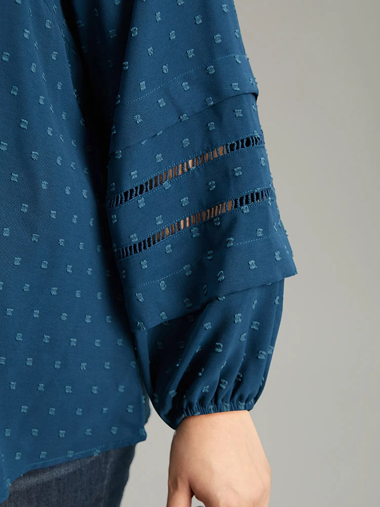 Plain Textured Cut Out Frill Trim Lantern Sleeve Blouse