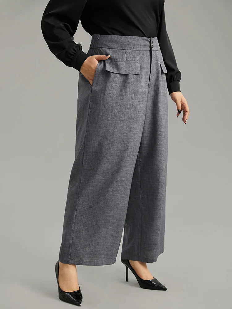 Textured Button Up Flap Detail Wide Leg Pants