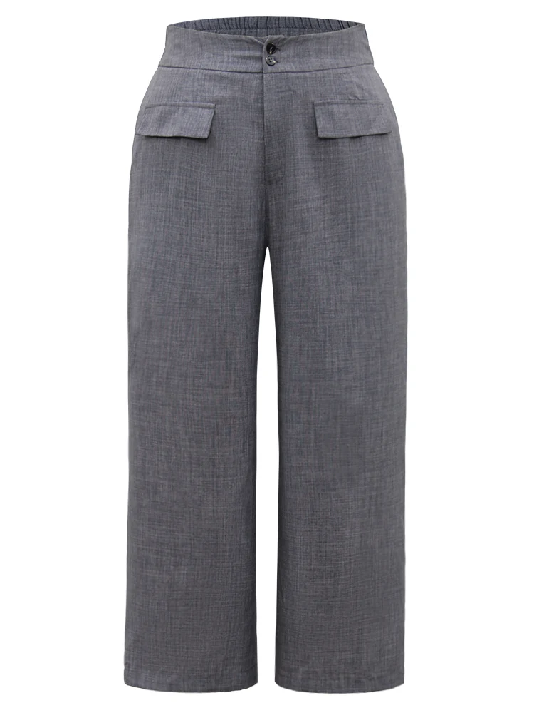 Textured Button Up Flap Detail Wide Leg Pants
