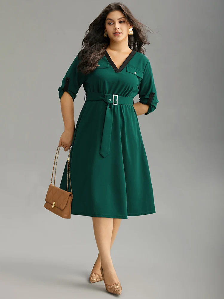 Solid Contrast Trim Belted Flap Detail Dress
