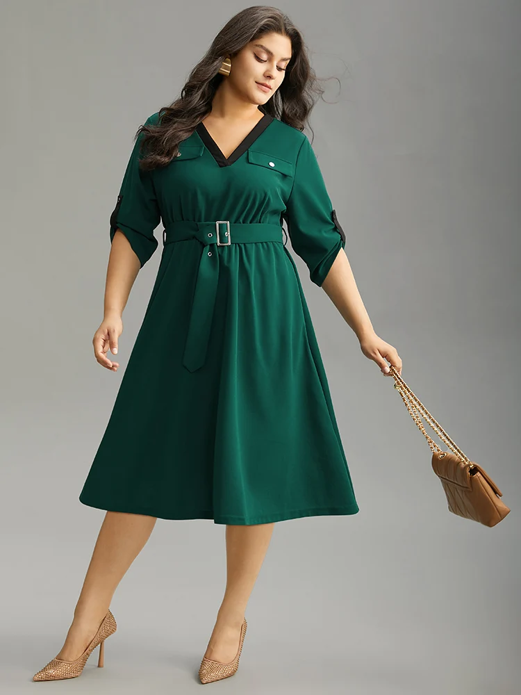 Solid Contrast Trim Belted Flap Detail Dress
