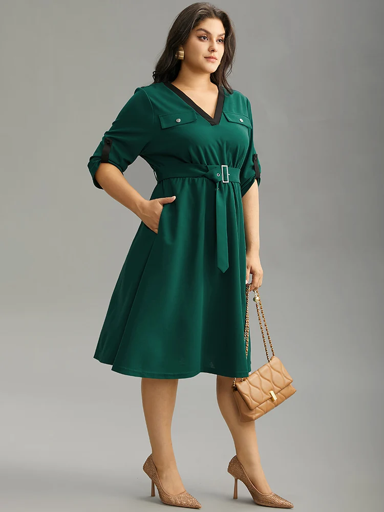 Solid Contrast Trim Belted Flap Detail Dress