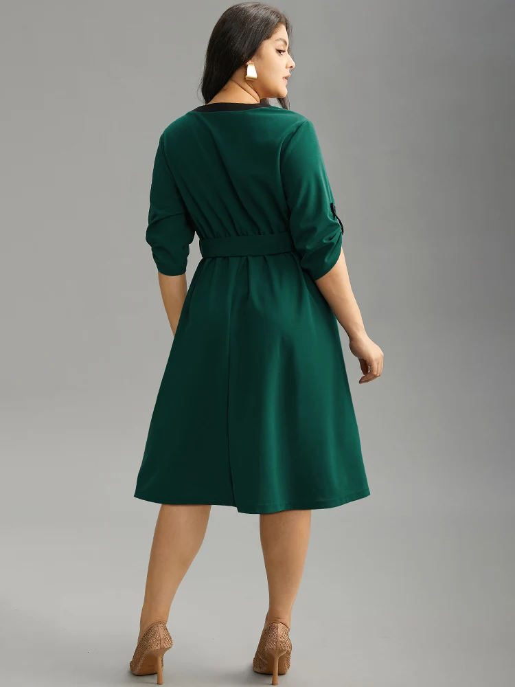 Solid Contrast Trim Belted Flap Detail Dress