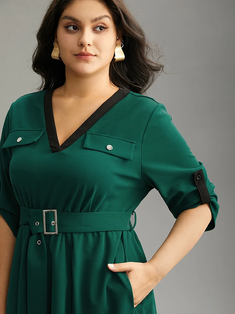 Solid Contrast Trim Belted Flap Detail Dress