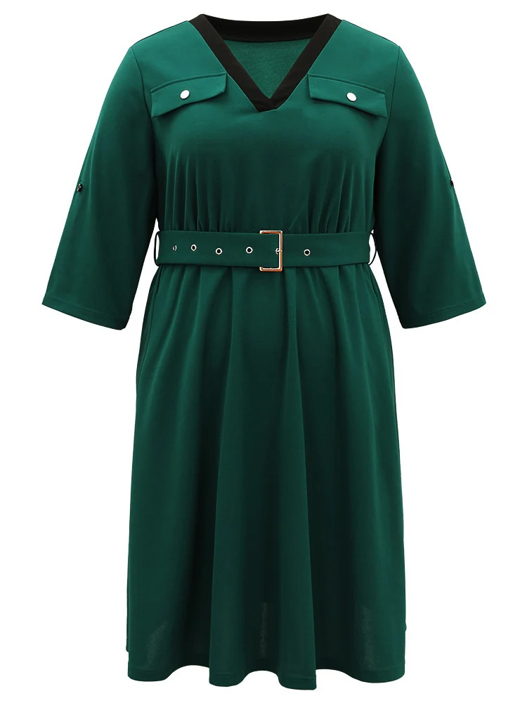 Solid Contrast Trim Belted Flap Detail Dress
