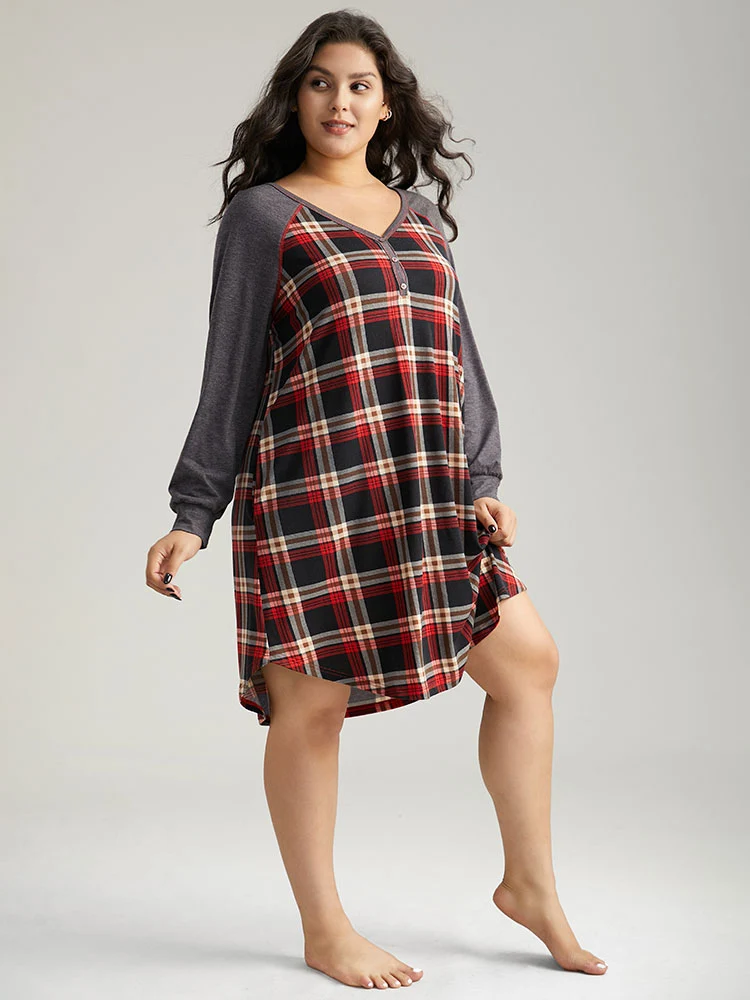 Plaid Patchwork Contrast Curved Hem Sleep Dress