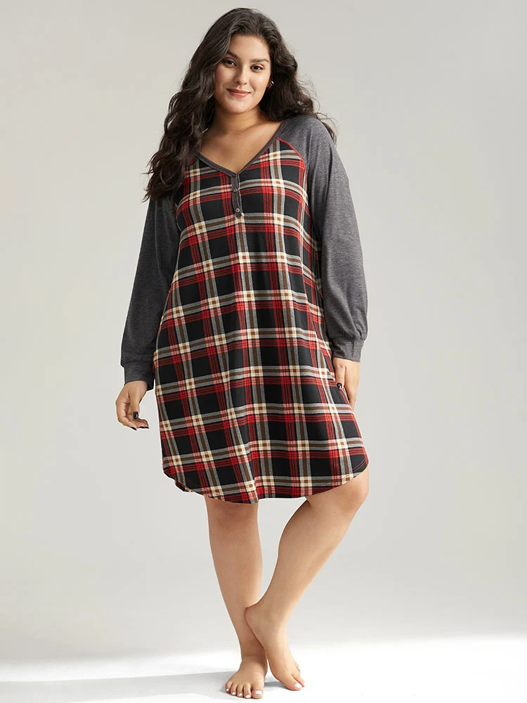 Plaid Patchwork Contrast Curved Hem Sleep Dress