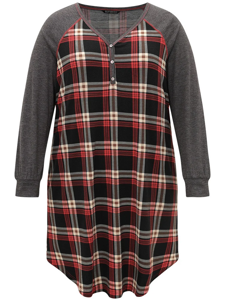 Plaid Patchwork Contrast Curved Hem Sleep Dress