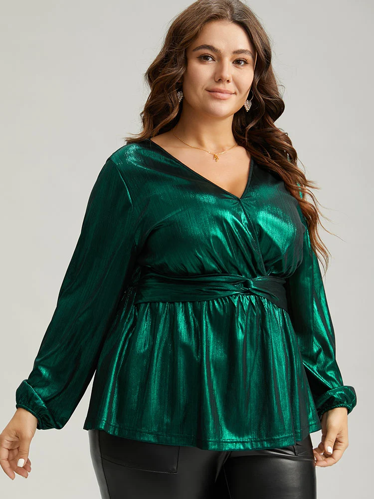 Solid Wrap Twist Front Gathered Blouse