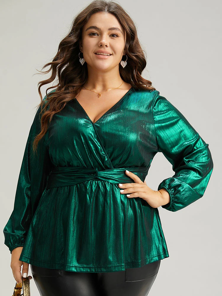 Solid Wrap Twist Front Gathered Blouse