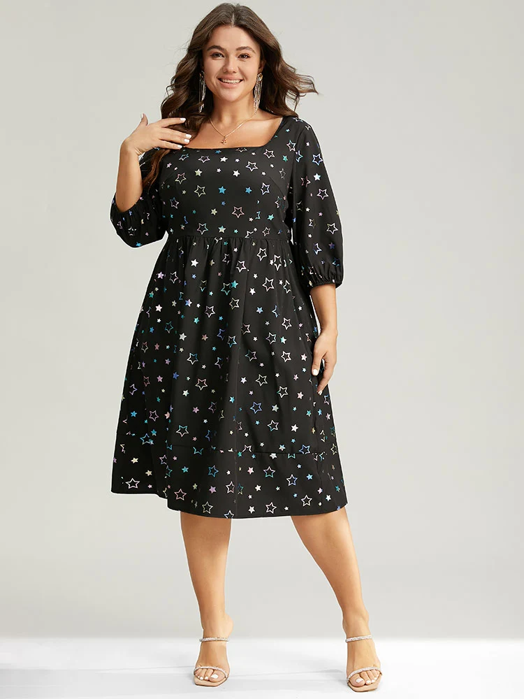 Heart Glitter Square Neck Lantern Sleeve Dress