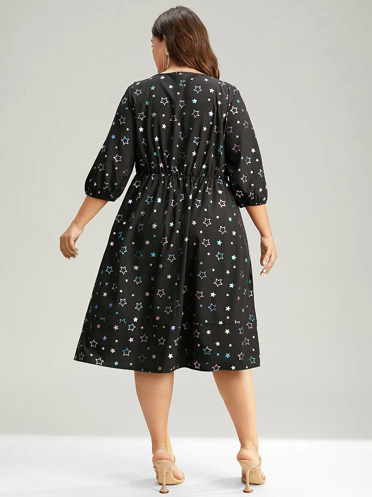 Heart Glitter Square Neck Lantern Sleeve Dress